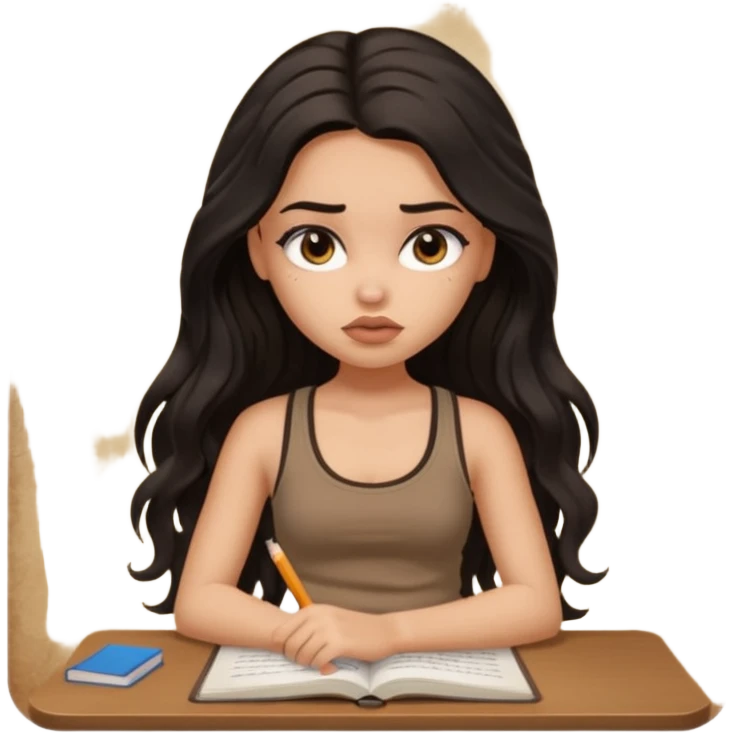 a pretty bratz light dusky girl with long wavy black hair in a brown tank top studying and lookinh tired emoji