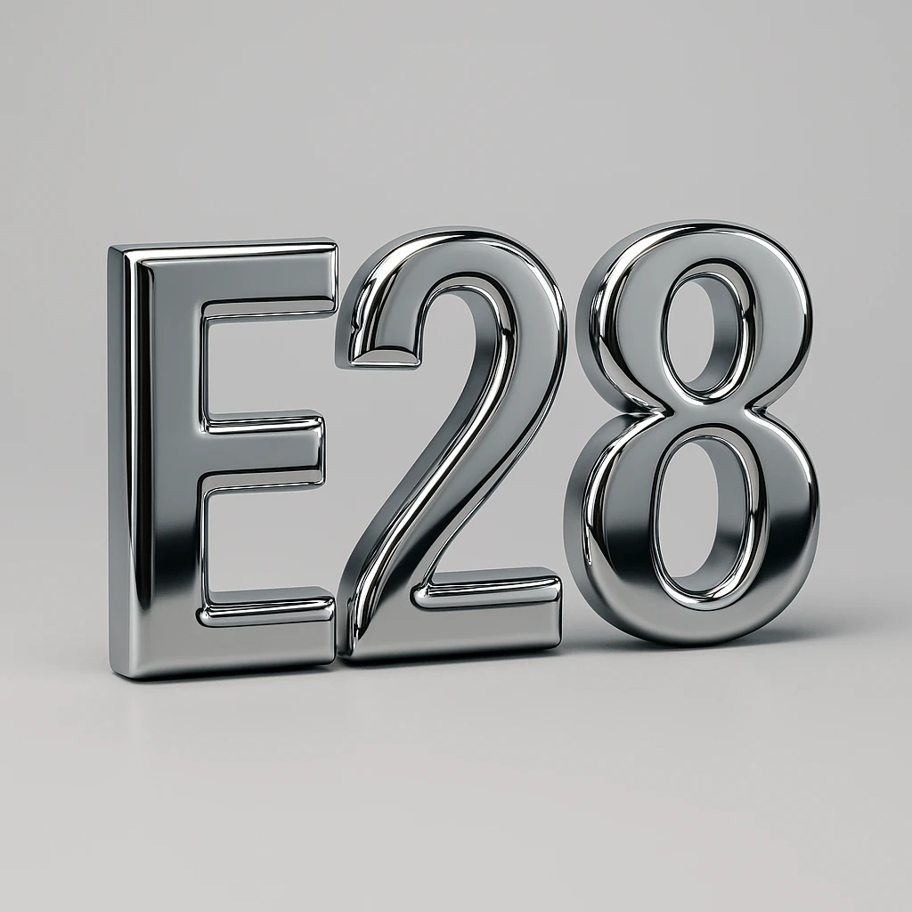 3D chrome letter 'E28' with a reflective surface emoji