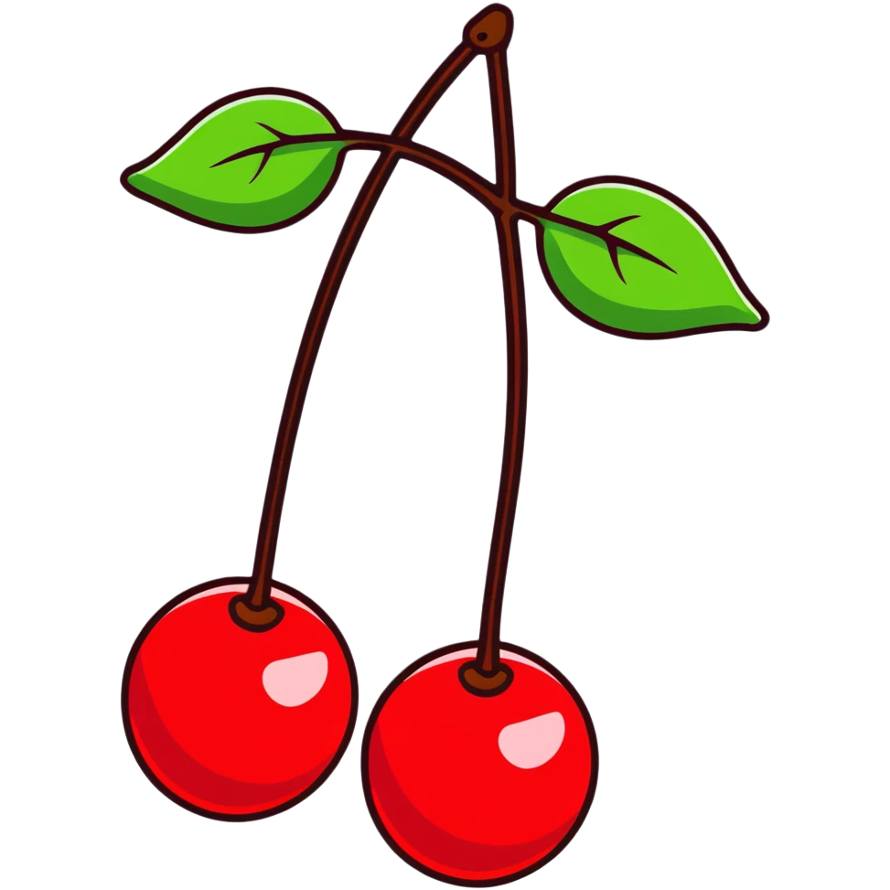 Two bright ruby red cherries connected by a green stem emoji
