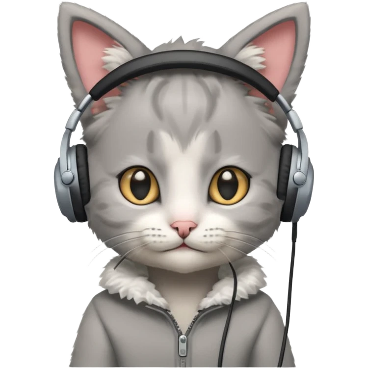 a small grey kitten sitting on a seat and wearing headphones and there is a sims logo over her head emoji