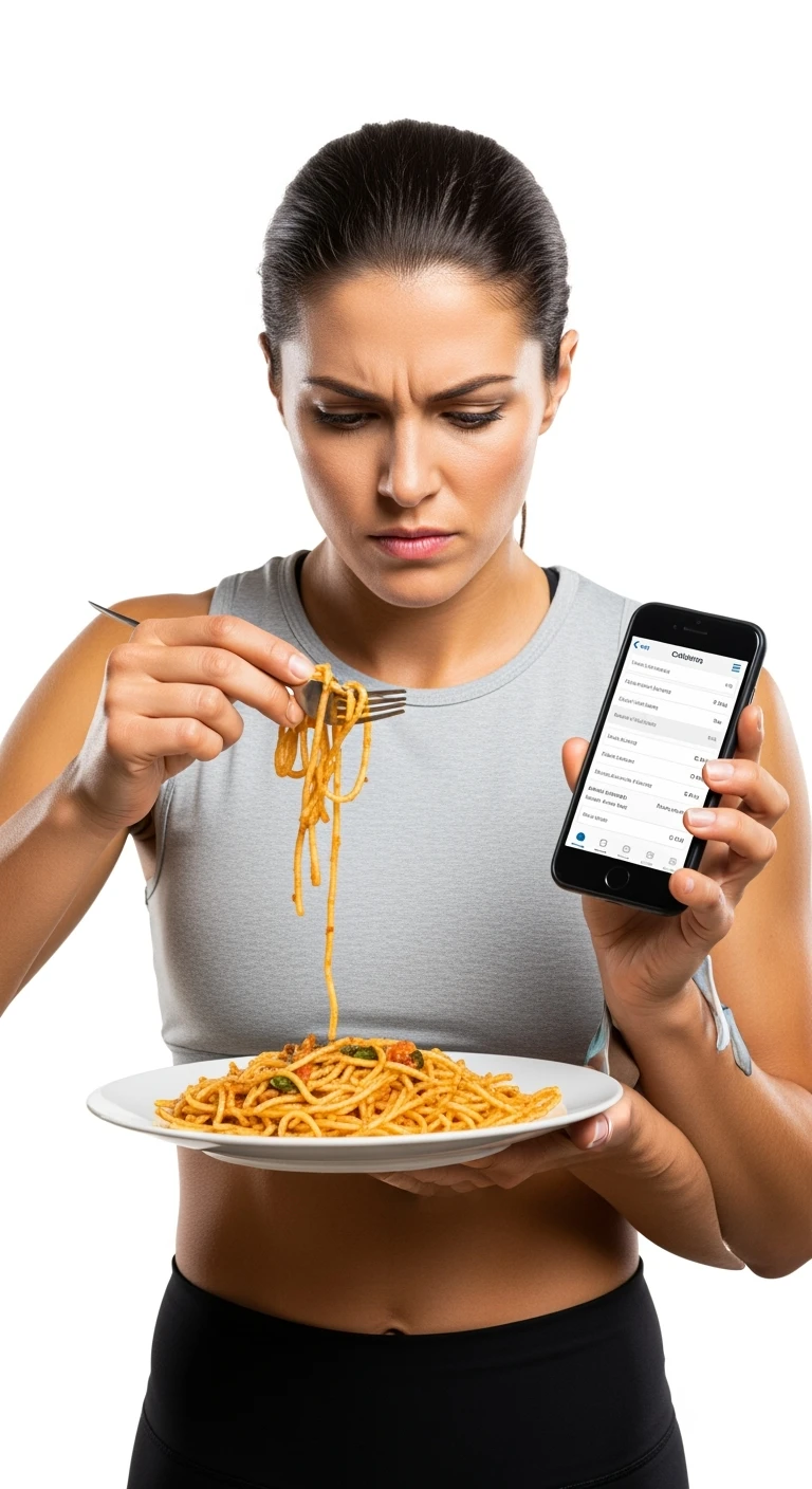 donna fitness che calcola ossessivamente le calorie di quello che sta mangiando: in mano ha un piatto di pasta e nell'altra mano ha lo smartphone per segnare tutti gli alimenti, sfondo bianco emoji