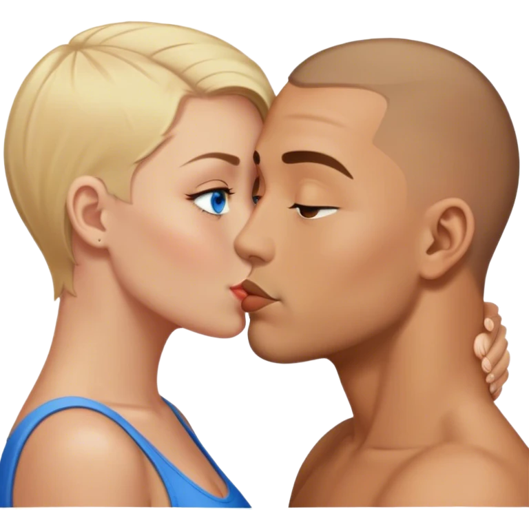 a tanned man with a brown buzz cut kissing a blonde woman with blue eyes  emoji