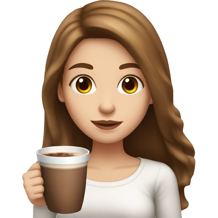 white girl with brown long hair and a hot chocolate emoji