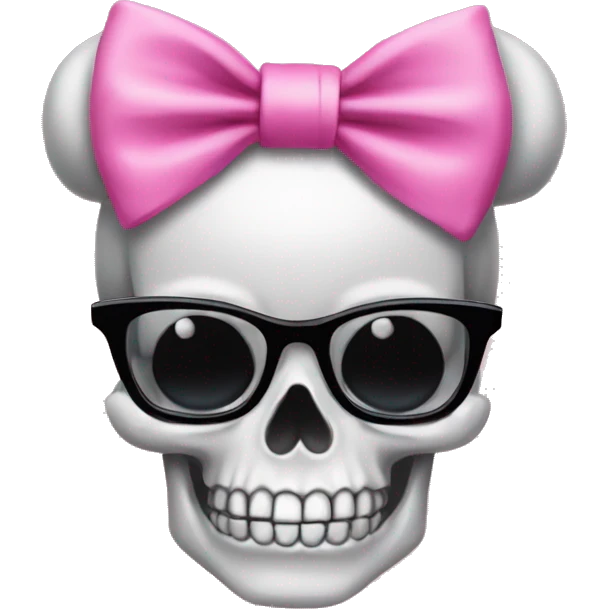 Girly Skull with black nerd glasses and pink bow on top of skull emoji