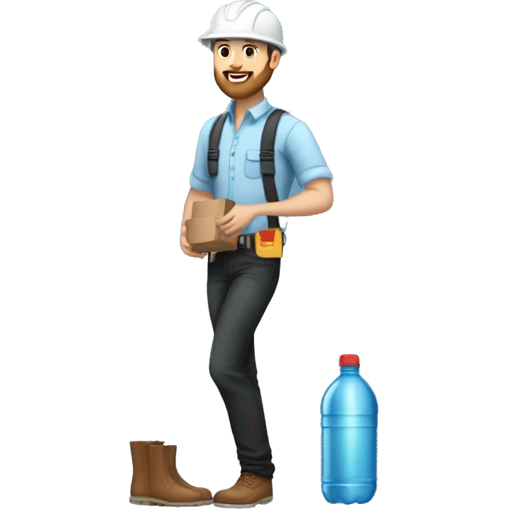 Mid white engineer wearing light blue blouse and black jeans and brown safety shoes and white helmet and he has a slight beard and holding black water bottle and groceries  emoji