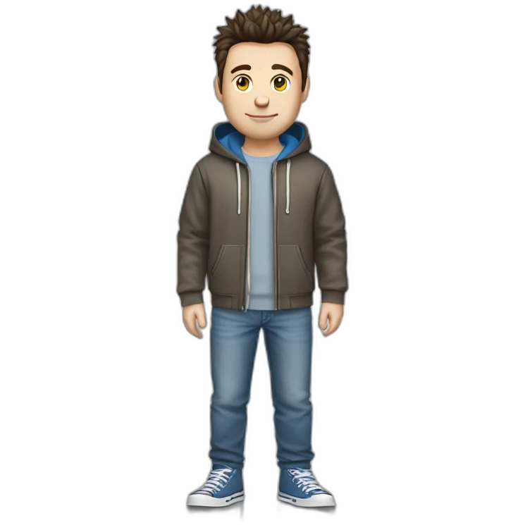 white male adult, Dark Brown Spikey Hair,, Blue Eyes, Grey Hoodie, Blue Jeans, Converse shoes emoji