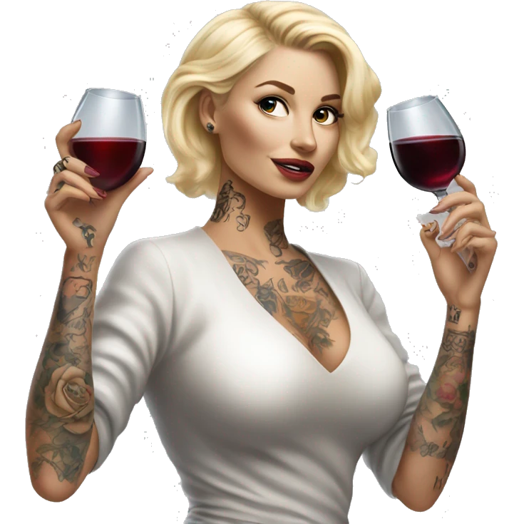 Blonde elegant women, her Body Covered with Tattoos, Wine in her One Hand, Pointing Forward with her Other Hand , Hyper realistic emoji