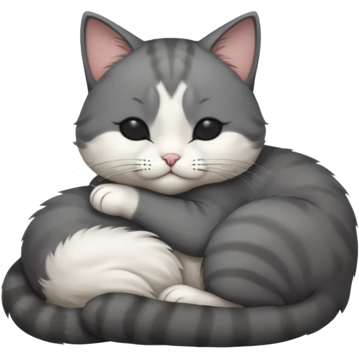 dark grey and white small cat with his eyes closed, leaning his head on his paw while leaning on his elbow lying down emoji
