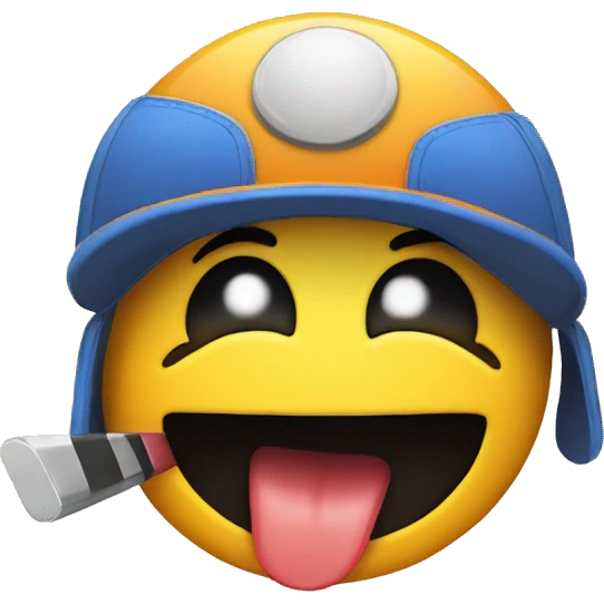 Emoji sacando la lengua con gorra y un dedo apuntando hacia la cara emoji