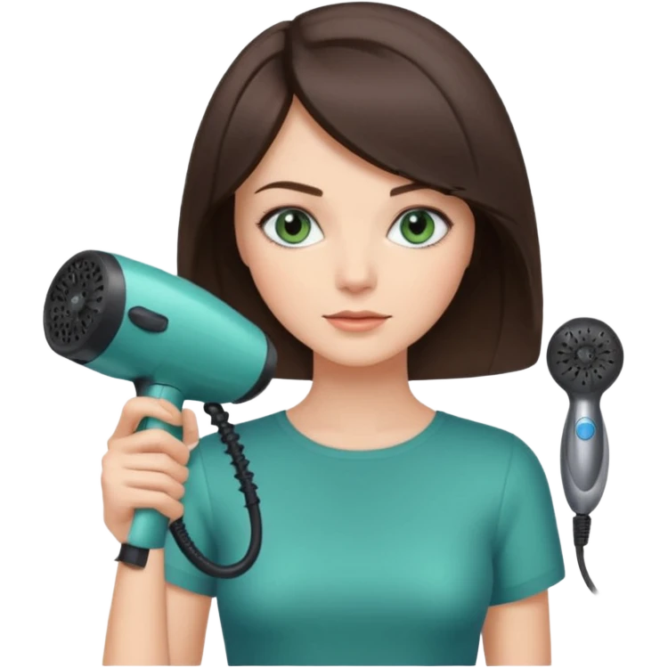 brunette bob girl hair stylist with blue green eyes holding a hair dryer emoji