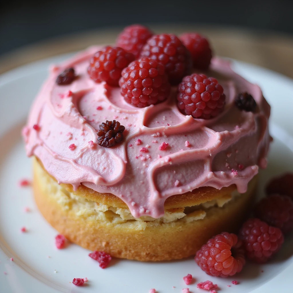 realistic round cake with raspberry frosting and fresh raspberries, photorealistic style emoji