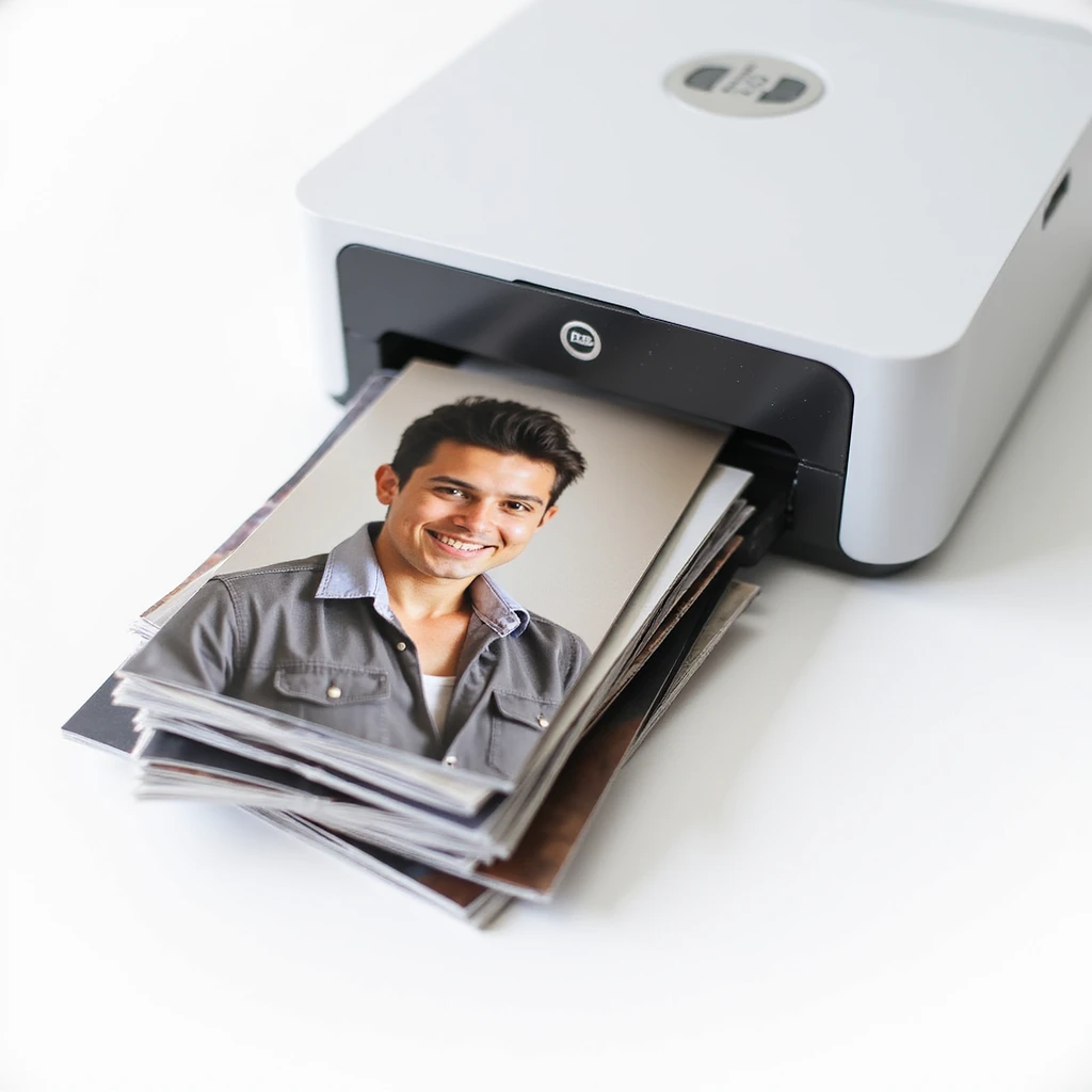 realistic thumbnail for a passport size photo print out service, with a close-up of a printer and a stack of printed passport size photos, on a white background emoji