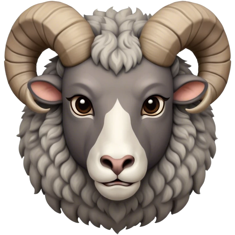 Cinematic Noble Ram Portrait Emoji, Poised and regal, with a sturdy, powerful build and a thick, woolly grey fur adorned with impressively curled horns, deep-set soulful dark eyes, Simplified yet sharp and sophisticated features, highly detailed, glowing with a soft, dignified glow, high shine, intelligent and commanding, stylized with an air of rugged majesty, focused and attentive, soft glowing outline, capturing the essence of a watchful and confident ram, so majestic it feels as though it could charge out of the screen with effortless authority! emoji