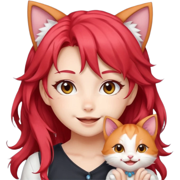 very cute anime cat-girl with cat ears, red blowing hair emoji
