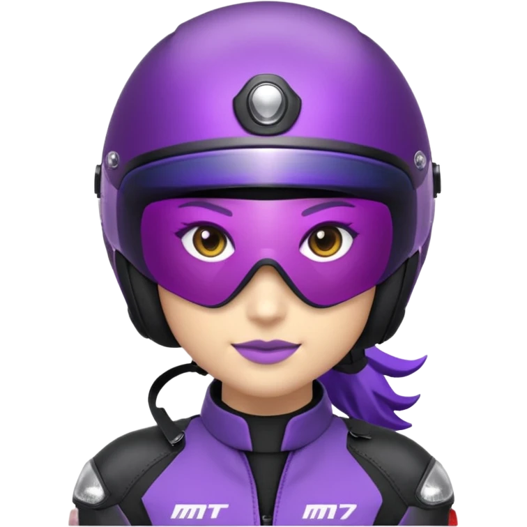 Créer un emoji avec une moto mt07 sport noir mate / violet iridescent très foncé, pare-brise de la moto violet. Avec une femme pilote dessus, visage caché’ par la visière violette, visière cachant tout le visage .Avec en arrière plan cercle violet. emoji