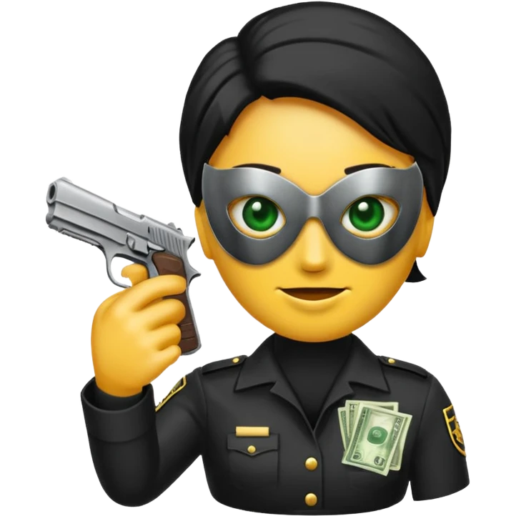 Un emoji con una mascara negra con una pistola pequeña en la mano y que en la otra mano tenga una paca de billetes emoji
