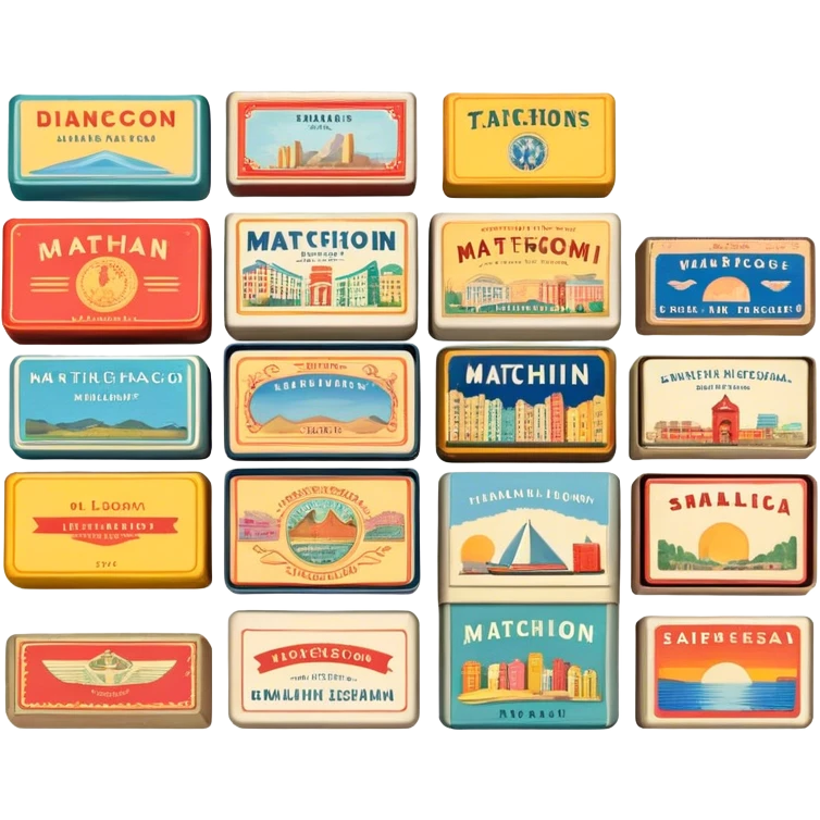 Icon for Matchbox Collecting: a collection of vintage and colorful matchboxes from different places, neatly displayed in a row or in a display case. The icon should reflect the uniqueness and diversity of matchbox collecting. Transparent background. emoji