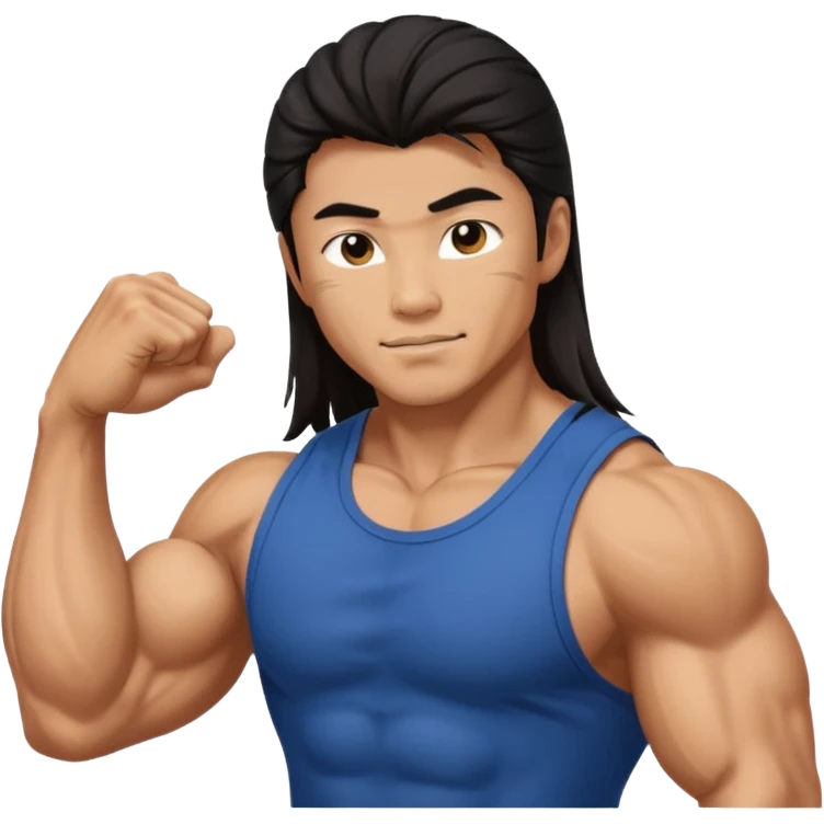 muscled asian guy showing biceps, long dark hair emoji