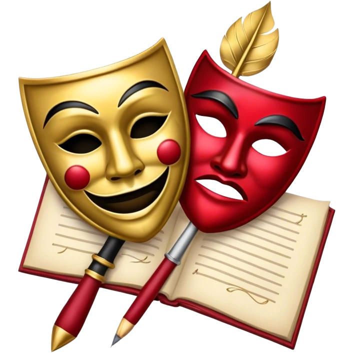 Create a bold and dramatic emoji representing the art of playwriting. The design should feature an open script or a theater playbook, with stylized text lines or dramatic dialogue inside. Include elements like a theatrical comedy and tragedy masks, a stage spotlight, or a writting quill to symbolize creativity and performance. Use deep, contrasting colors like red, black, and gold to evoke the intensity and passion of drama. The overall design should feel dramatic, inspiring, and artistic. Make the background transparent. emoji