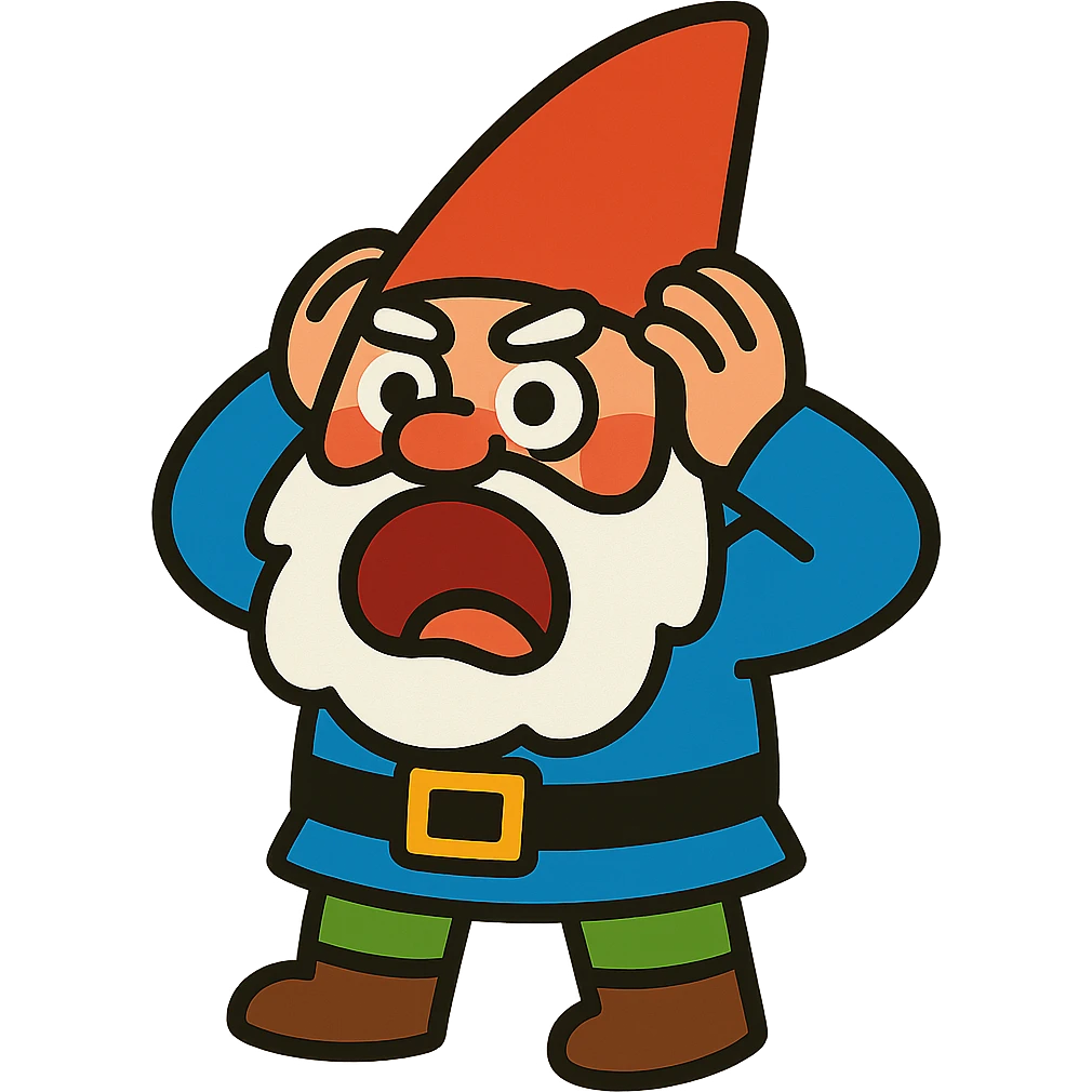 vibrant toon style gnome holding his head and screaming emoji
