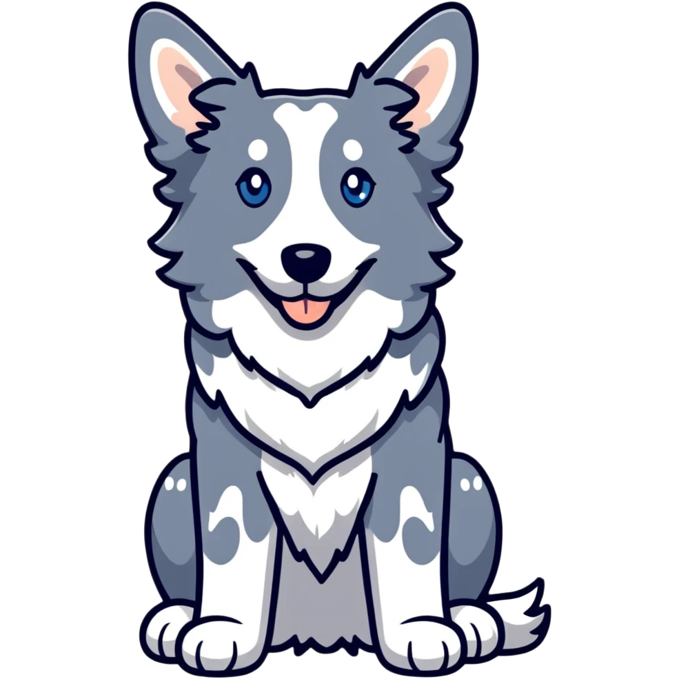 A merle border collie dog sitting, with blue and gray spotted coat, alert ears, and friendly expression emoji