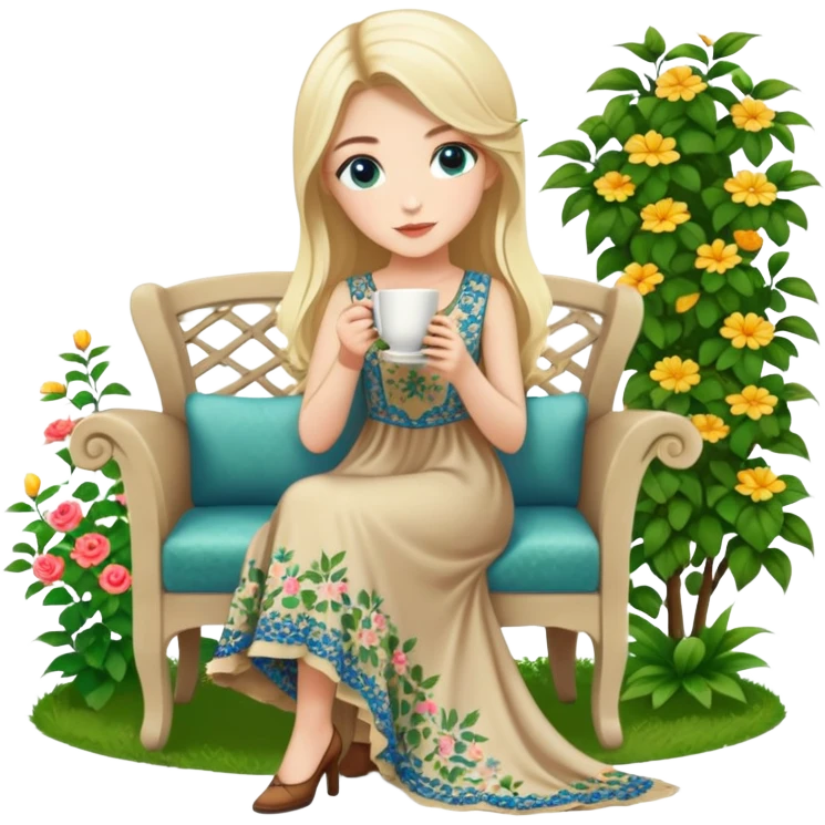 Turkish Konya blonde girl beautiful finish blue eyes with Beautiful beige green floral long tail dress and she sit in a lovely garden on the chair on the ground and holds cup coffe with her hand  emoji