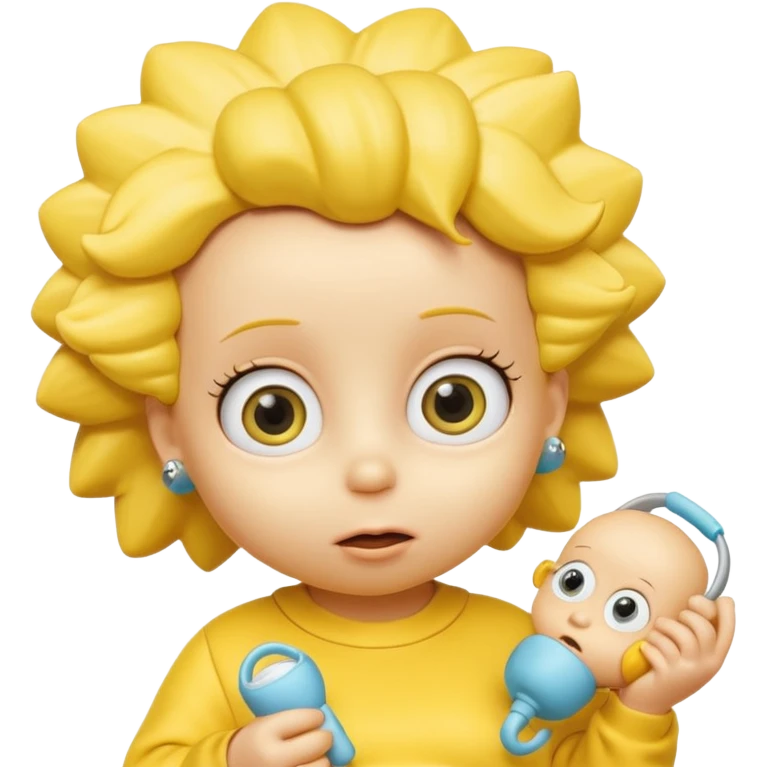 A 3D cartoon baby character yellow, yellow skin, styled like Maggie Simpson, with pacifier, yellow onesie, big eyes, smooth shading, Memoji-style rendering, consistent with other yellow Simpsons characters. emoji