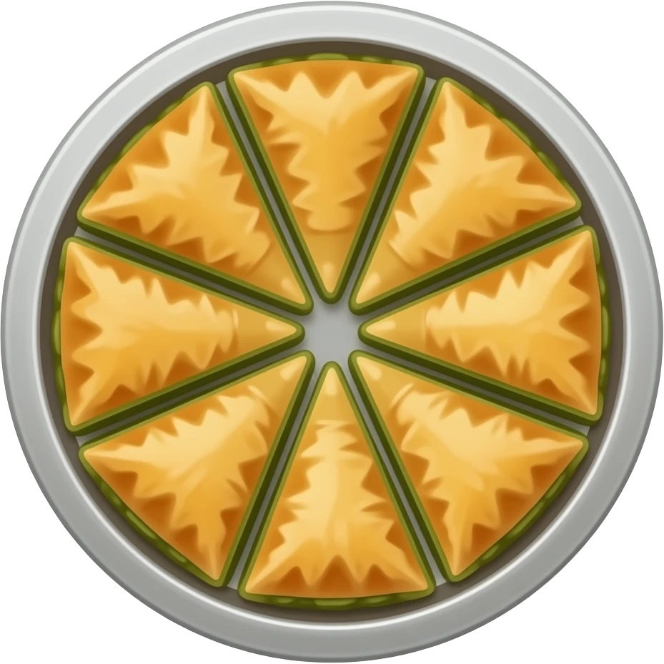 Yuvarlak gümüş bir tepside kare dilimlenmiş fıstıklı baklavalar emoji