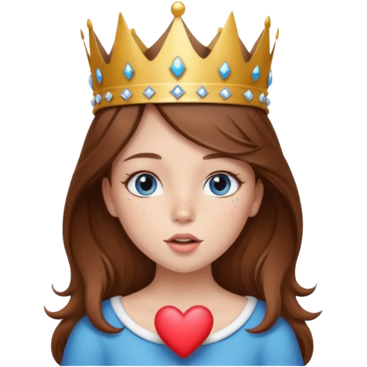 a girl with brown hair, blue eyes and freckles, who wears a crown and is blowing a heart kiss  emoji