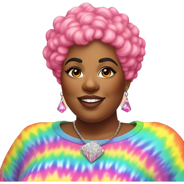 Plus size black woman with pink curly pixie cut hair and a rainbow tie dye sweater , and diamond stud earrings  emoji