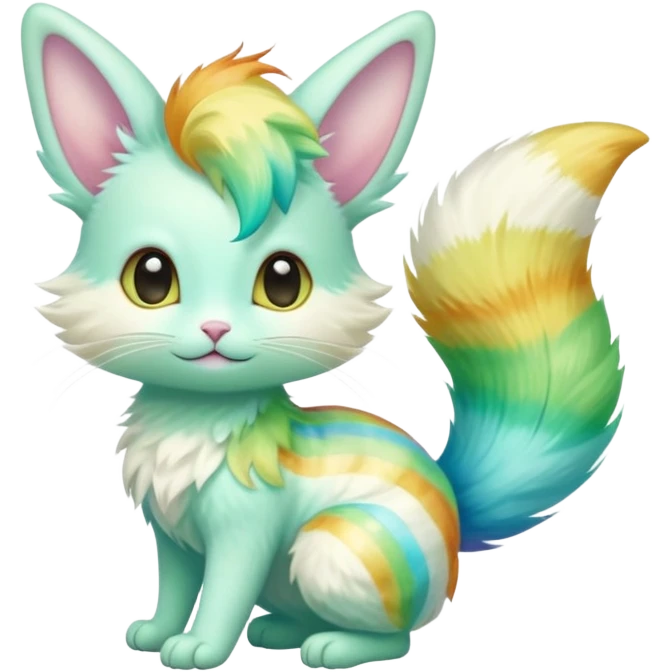  cute adorable yellow-green-turquoise-gradients albino fur with random colorful iridescent rainbow markings beautiful elegant pretty precious cute  Fakémon-Pokémon-opossum-feline-serval-caracal-chinchilla-Minccino-hybrid-creature with a big fluffy bushy striped tail (full body) emoji