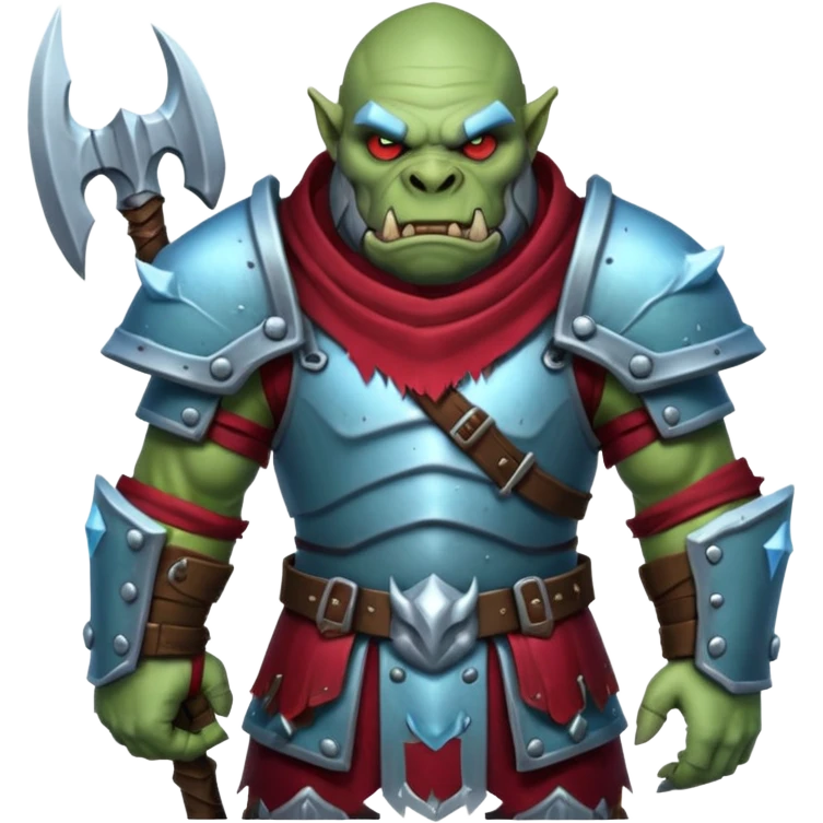 
Fantasy Christmas orc legion soldier icon, iron tundra army theme, heavy winter armor, disciplined brutal look, icy blue steel armor with deep crimson accents, frozen metal texture, cold winter atmosphere, male variant emoji