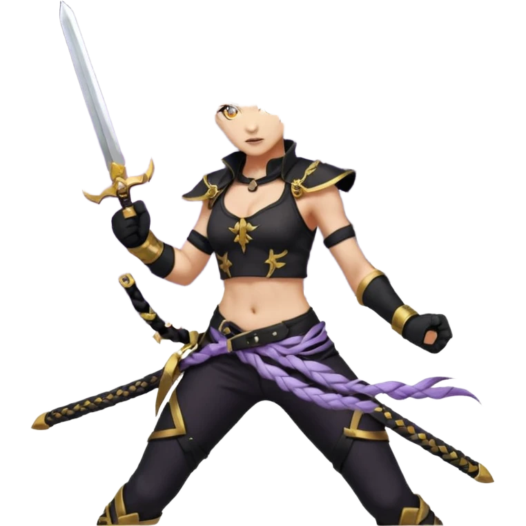 A sword maiden, mohawk, long braid white hair with lavender and tips long messy bangs one side, gold yellow eyes, black crop top, with both fighting gloves up in defensive ready pose, delivering a lightning quick vertical upwards front kick with volcanic force emoji