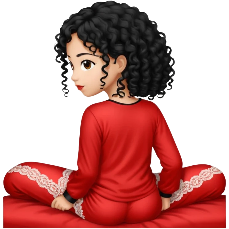 Girl from behind, wearing a red pajama with black and white lace, with curly black hair emoji