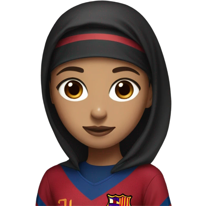 A girl with a shayla (hijab), brown eyes, wearing a Barcelona football jersey, the black one with blue and red details and the symbol in the middle.  emoji