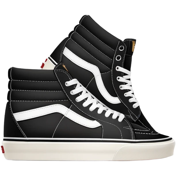 Minimalist iOS-style emoji of a pair of black Vans Sk8-Hi sneakers, one behind the other, simplified flat design, clean lines, minimal details but with white side stripe emoji
