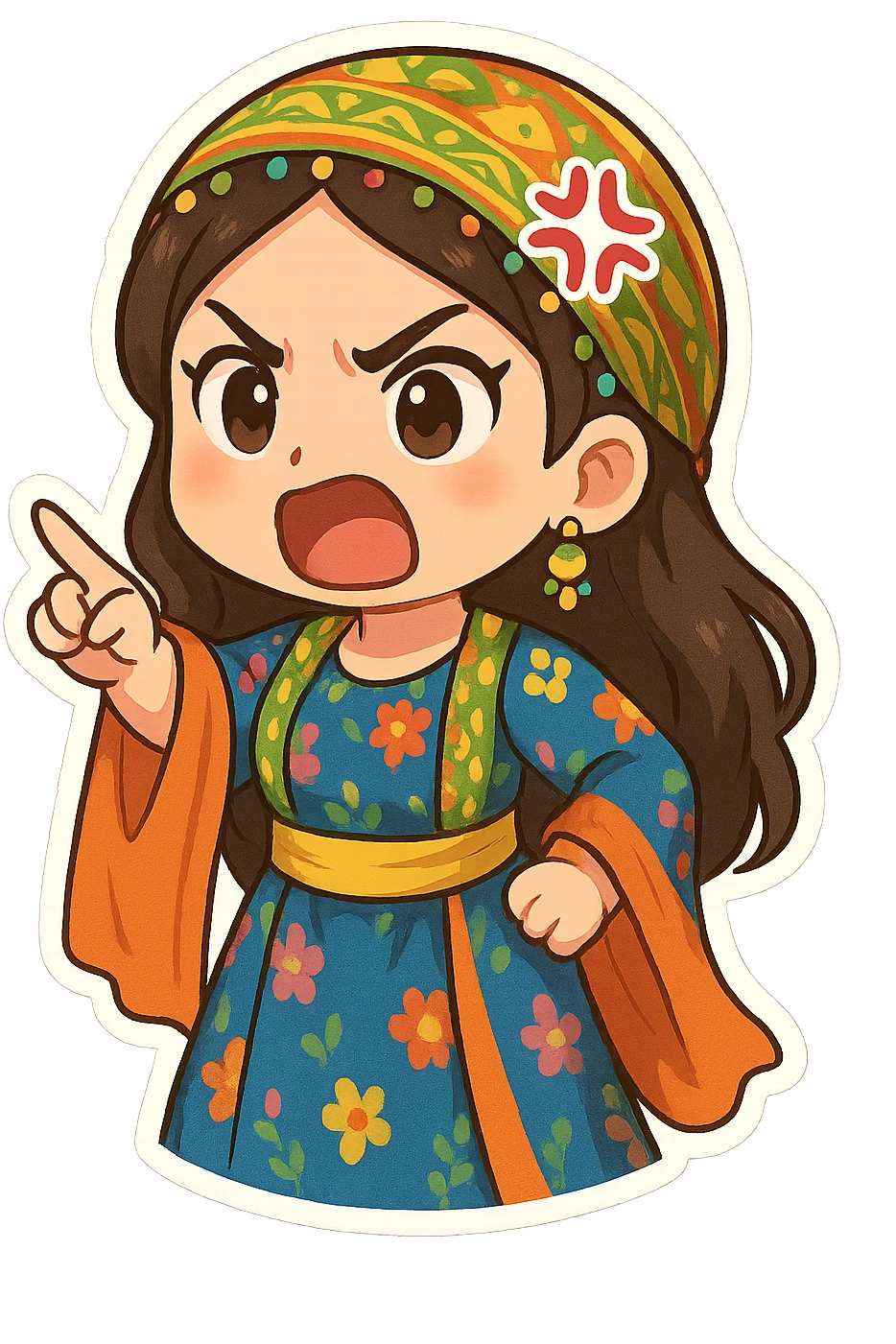 Cartoon sticker of a Kurdish woman wearing traditional colorful and cheerful Kurdish female clothing, face showing anger and rage, one hand raised with index finger pointing as a sign of threat or warning, no shadow or color halo around the image, no text, suitable for WhatsApp and Instagram, with a completely transparent background. emoji