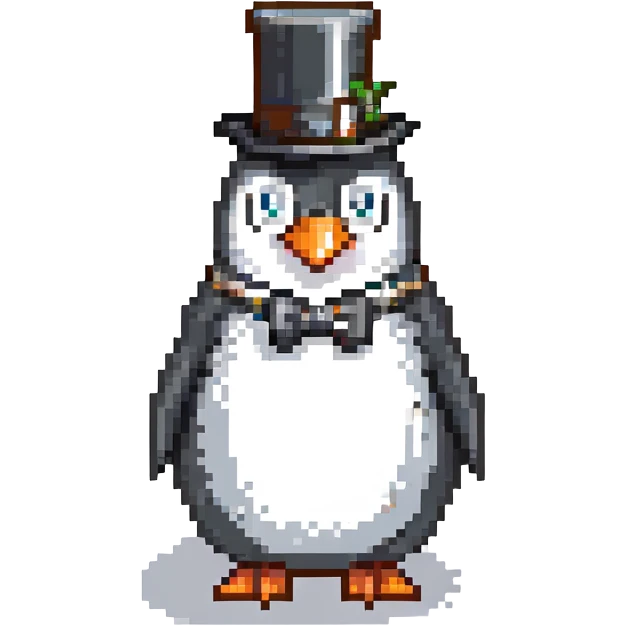 elegant penguin with monocle and top hat, pixel art style emoji