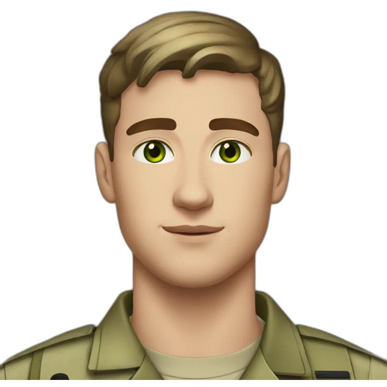 24 year old, white guy, short dark brown hair, green eyes, freckles, army sergeant emoji