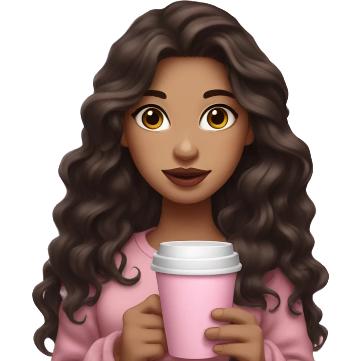 White skin , super dark brown wavy long hair , pink lips , pink cheeks, holding coffee, cozy emoji