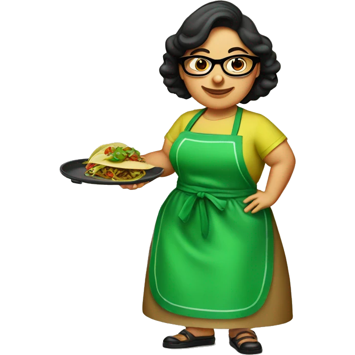 mexican chubby lady green apron  with glasses cooking tacos emoji
