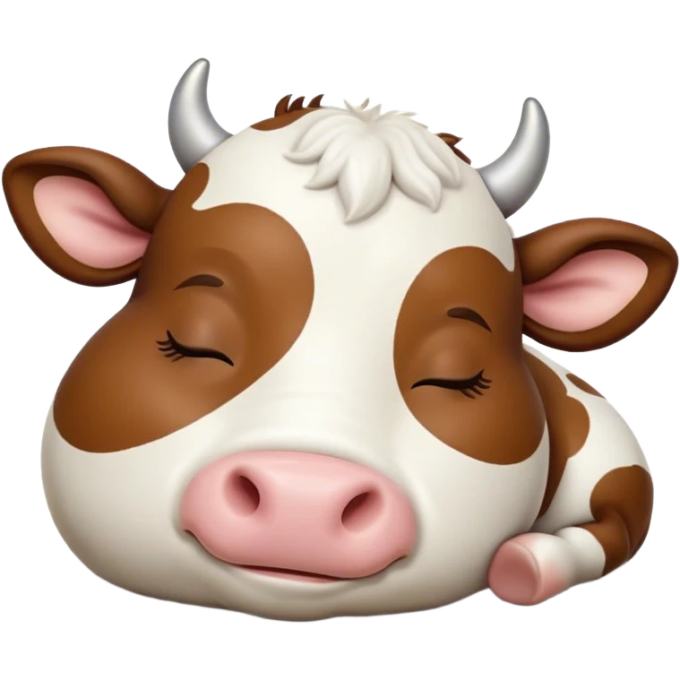 Meme-Worthy Cute Sleeping Brown and White Cow Portrait Emoji, Head resting peacefully with a contented smile, showcasing a robust build and a luxuriously soft patterned hide of brown and white, eyes shut in a serene, restful nap, Simplified yet hilariously adorable features, highly detailed, glowing with a soft, drowsy light, high shine, relaxed and utterly lovable, stylized with an air of playful laziness, bright and heartwarming, soft glowing outline, capturing the essence of a comically sleepy cow, so meme-worthy it feels like it could instantly become the next viral sensation of adorable slumber! emoji