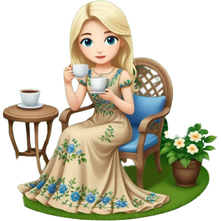 Turkish Konya blonde girl beautiful finish blue eyes with Beautiful beige green floral long tail dress and she sit in a lovely garden on the chair on the ground and holds cup coffe with her hand  emoji