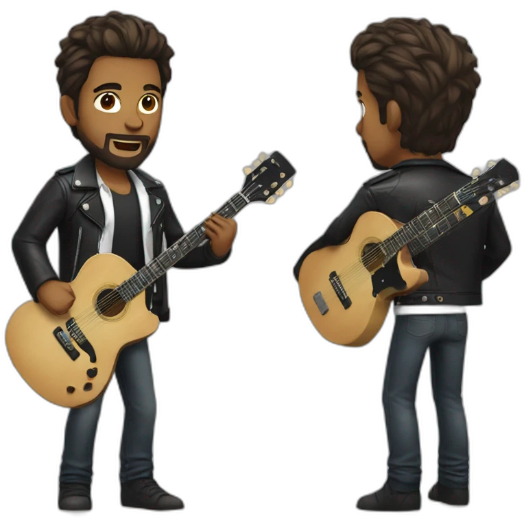 A young man with a fashionable hairstyle and beard, dressed in a white shirt and a black leather jacket, plays the guitar emoji