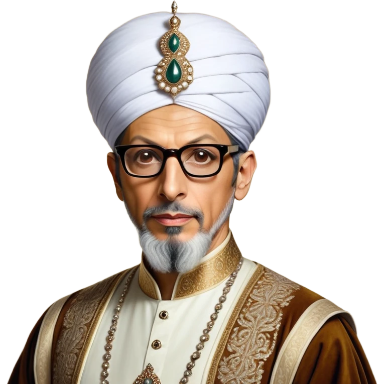 Jeff Goldblum no glasses as a regal portrait dressed as suleiman-the-magnificent,-depicted-as-a-regal-ottoman-sultan-adorned-with-a-large,-white,-round,-tall-turban-and-a-majestic-grey-beard,-his-commanding-gaze-bathed-in-warm,-historic-lighting-that-exudes-time with a large beard **no glasses* emoji