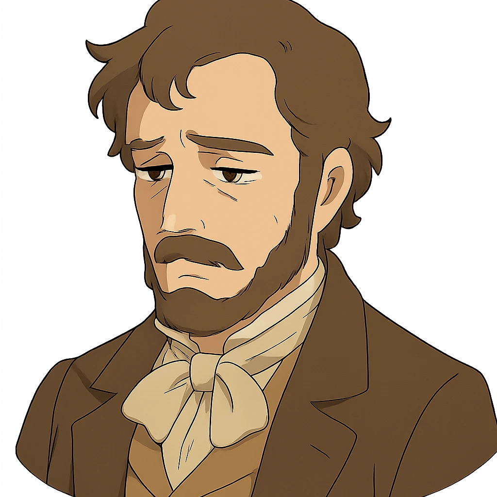 ghibli style face of an 1800s person with a solemn, reflective expression, remembering the Alamo, no background emoji