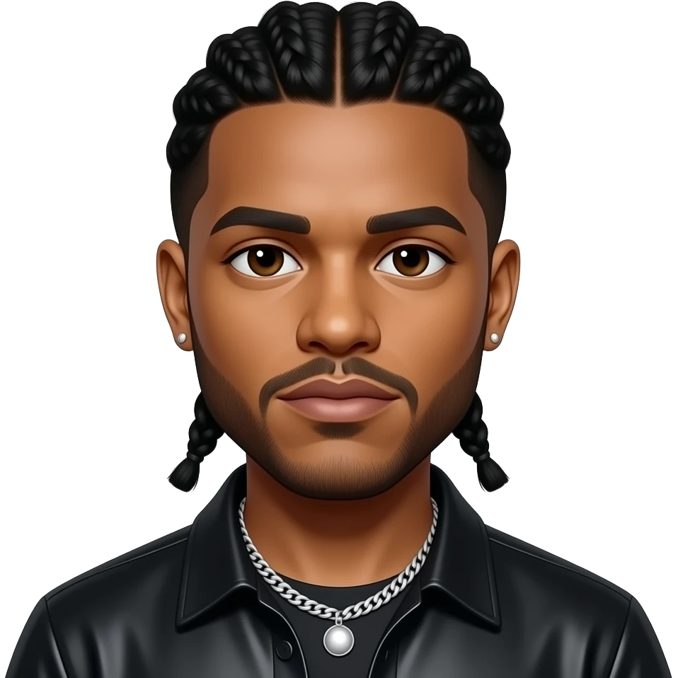 The Weeknd with dark brown eyes, long black low pigtail hair, black metallic shirt, silver necklace and short earrings emoji