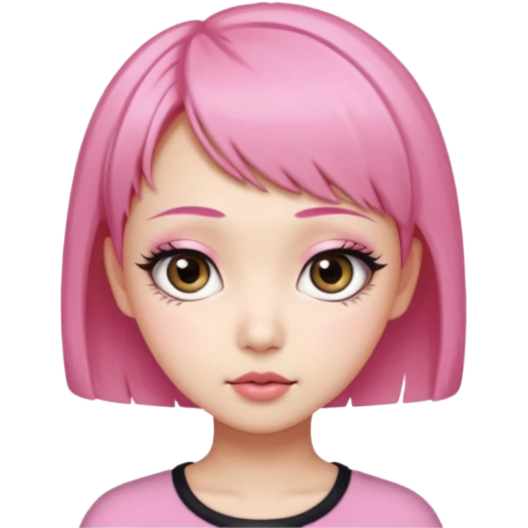 An Asian girl with Fashion pink short hair, big eyes, thick eyebrows, and long eyelashes;  emoji