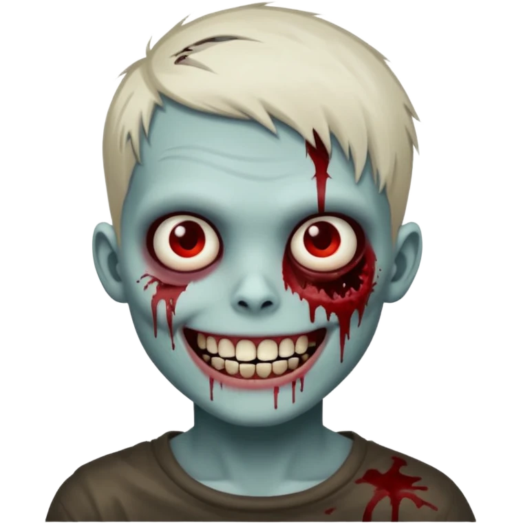 zombie boy with emo short hair, white skin, and white eyes; an open smile, and bloodied teeth; emoji