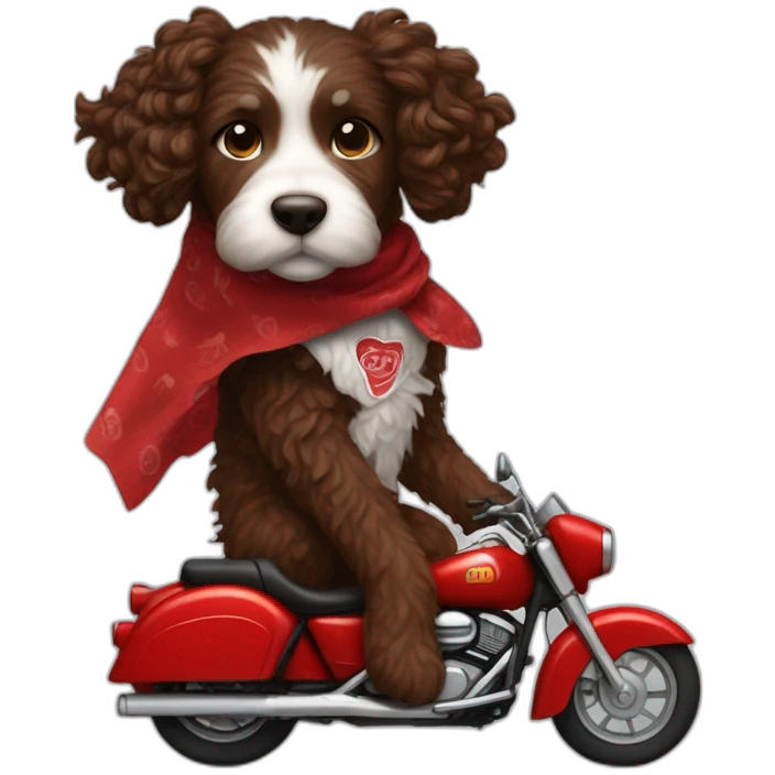 A chocolate brown doodle with wavy fur wearing a red and black handkerchief riding a motorcycle emoji
